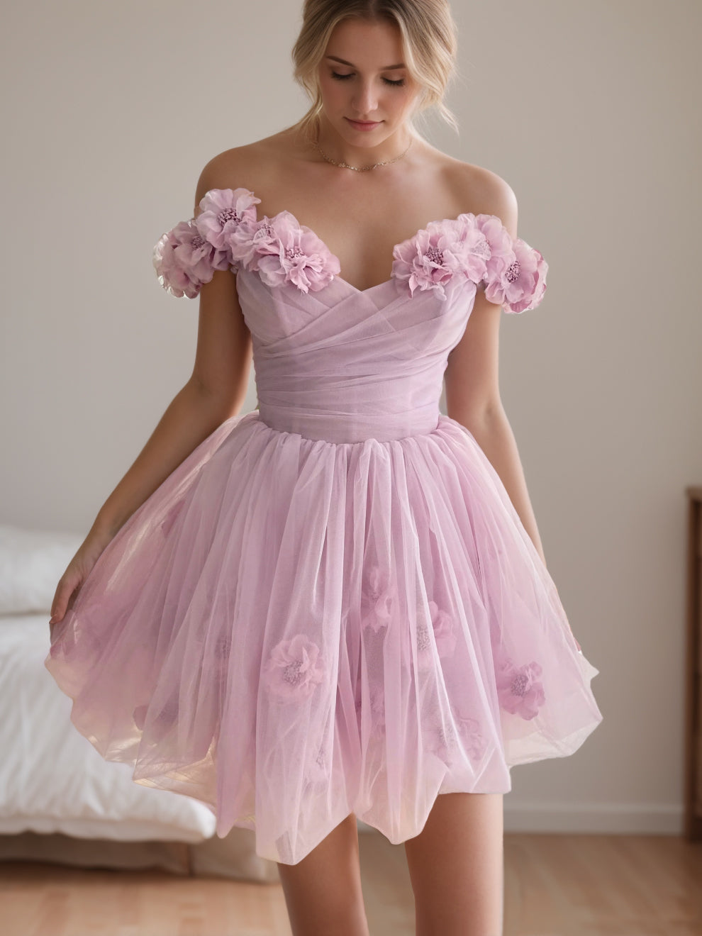 Sweetheart Off-the-Shoulder A-Line Princess Mini Dress with Handmade Pleats and Flowers