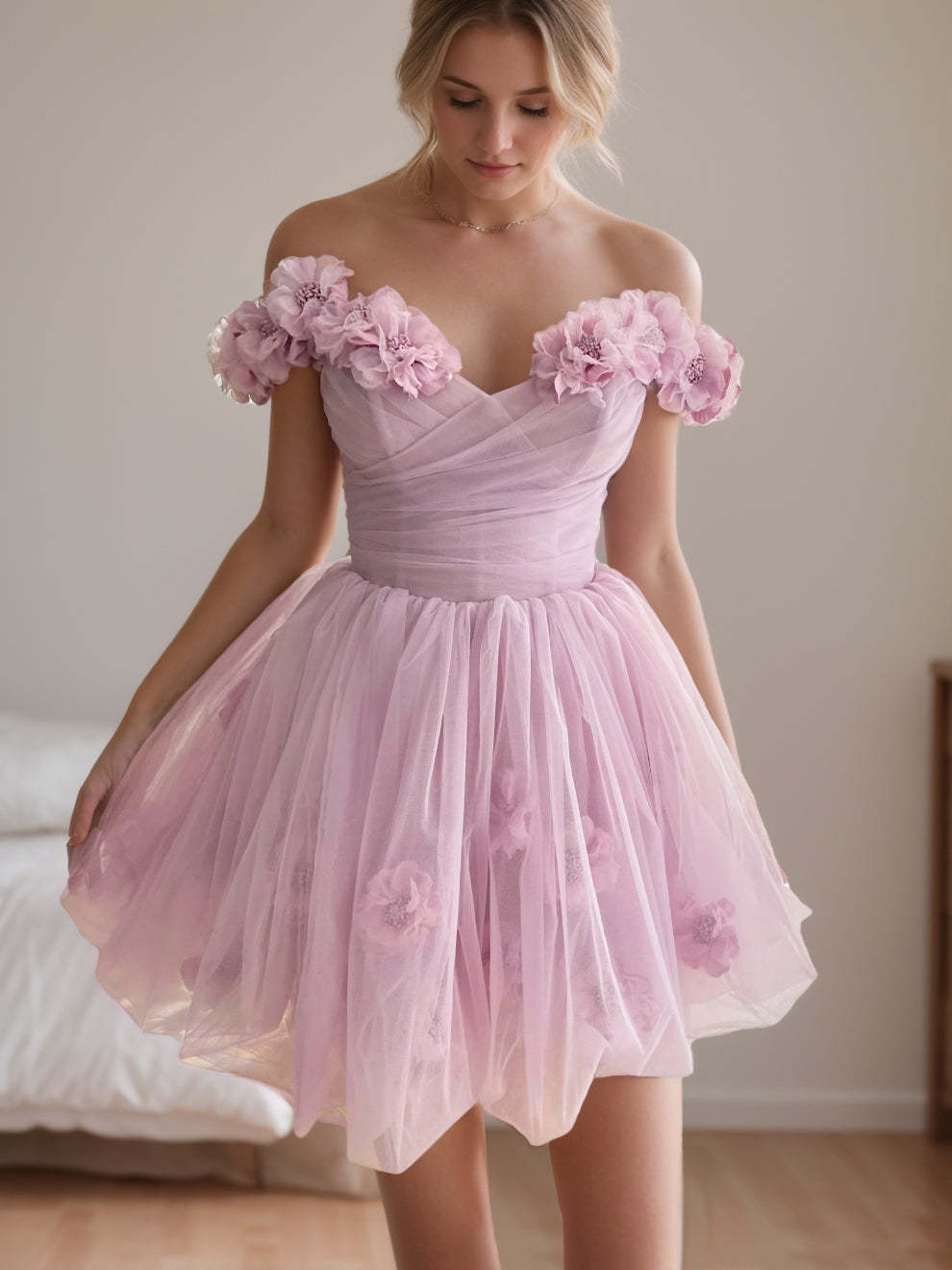 Sweetheart Off-the-Shoulder A-Line Princess Mini Dress with Handmade Pleats and Flowers