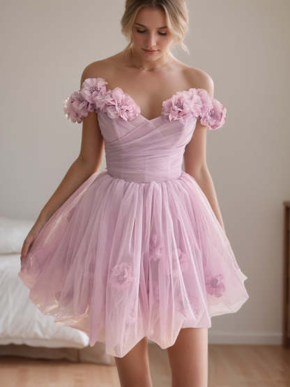 Sweetheart Off-the-Shoulder A-Line Princess Mini Dress with Handmade Pleats and Flowers