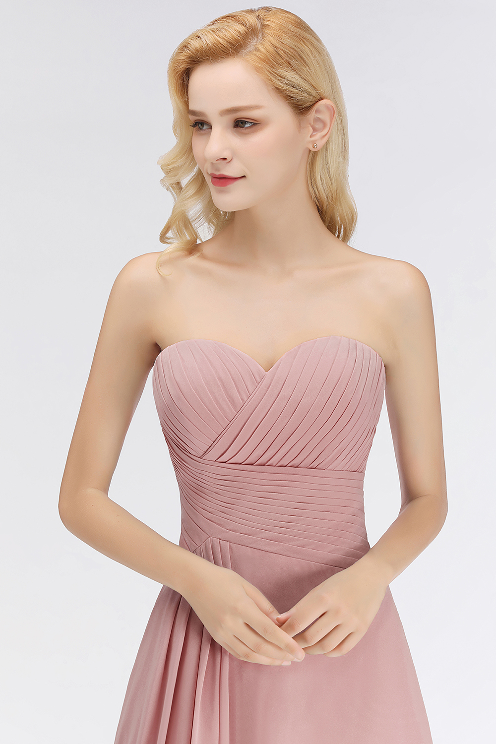 BMbridal Gorgeous Sweetheart Ruched Long Bridesmaid Dress Dusty Rose Chiffon Strapless Maid of Honor Dress-BMbridal