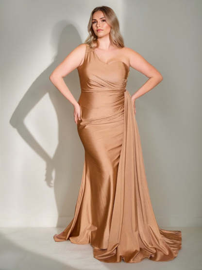 Plus Size Prom Dress with Ruffles: One-Shoulder Sleeveless Mermaid Gown & Watteau Train