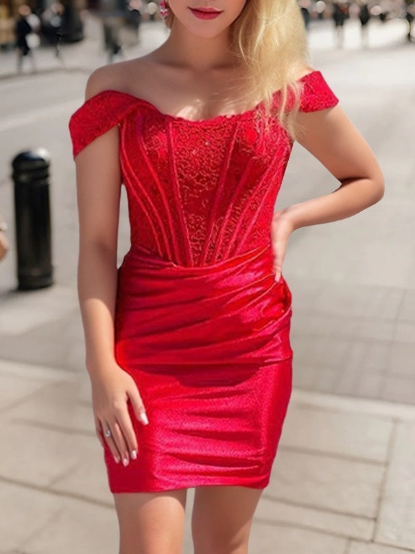 Off-the-Shoulder Sleeveless Sheath/Column Mini/Short Dress with Appliques & Pleats for Party Dance or Homecoming-BMbridal.UK