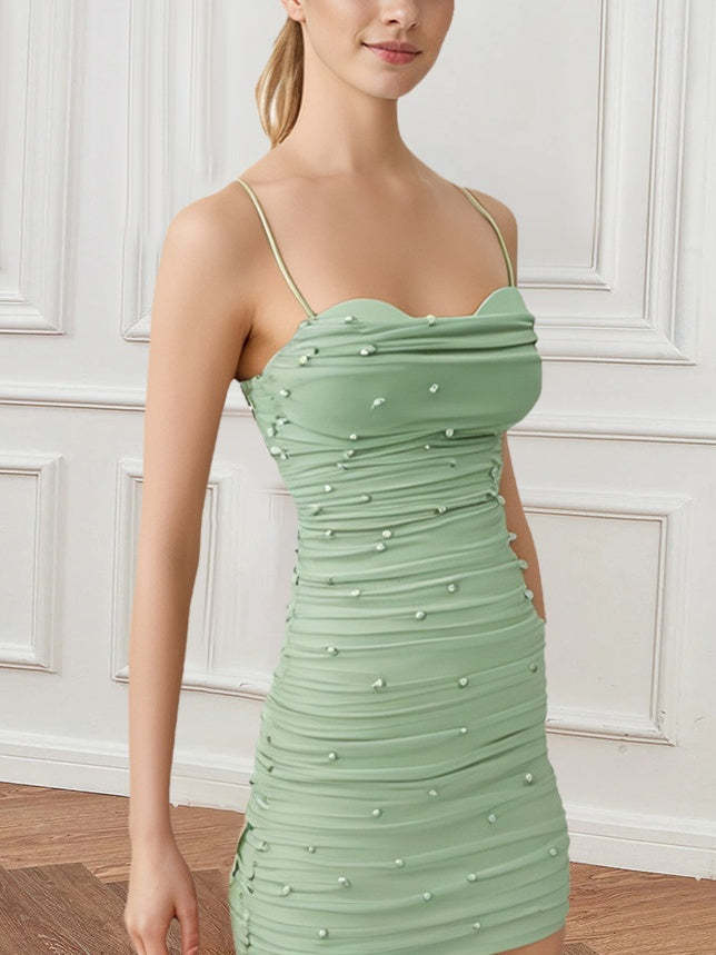 Sleeveless Mini Cocktail Dress with Spaghetti Straps Pleats and Pearls