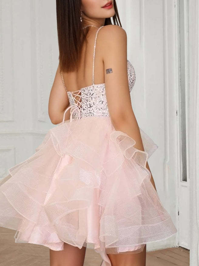 Princess A-Line Plunging V-Neck Mini Sleeveless Cocktail Party Homecoming Dance Dress
