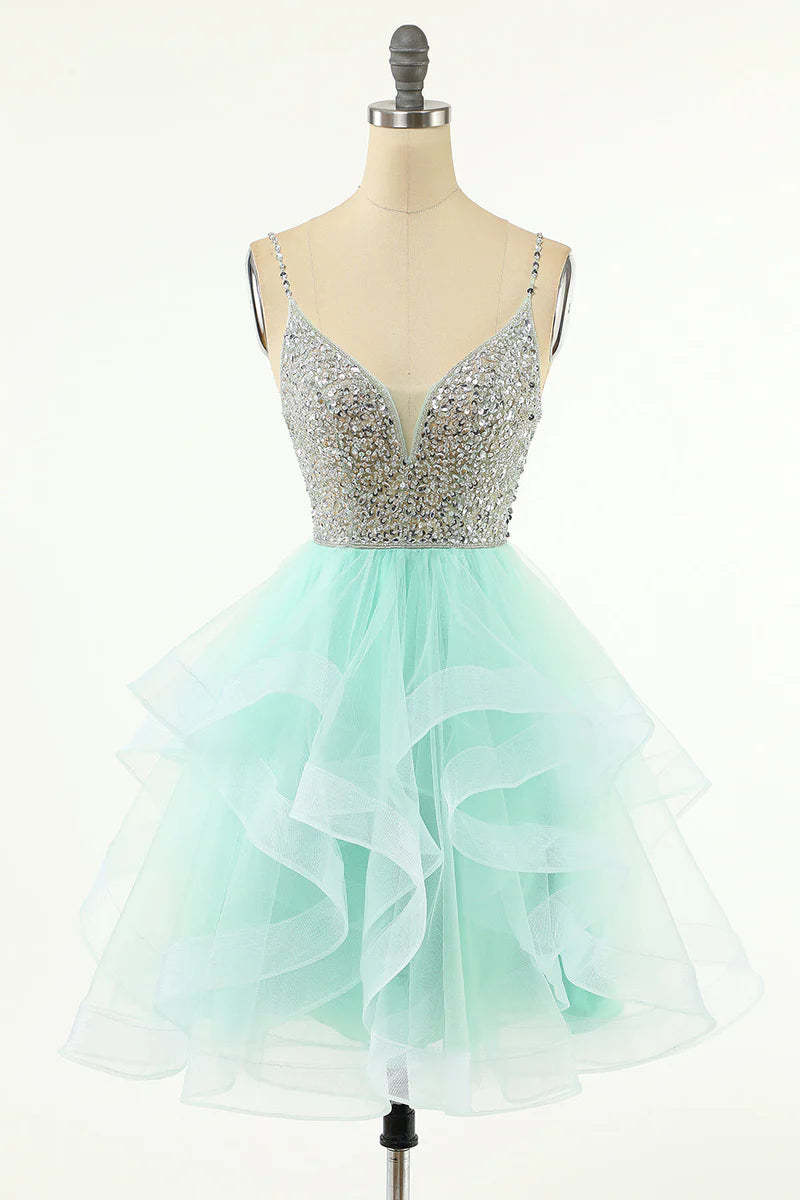 Princess A-Line Plunging V-Neck Mini Sleeveless Cocktail Party Homecoming Dance Dress