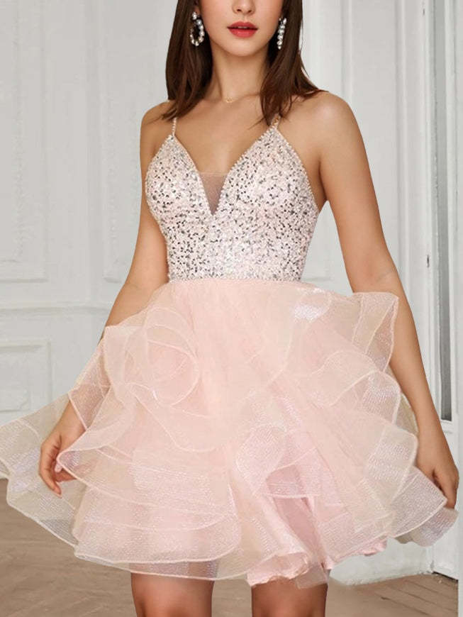 Princess A-Line Plunging V-Neck Mini Sleeveless Cocktail Party Homecoming Dance Dress