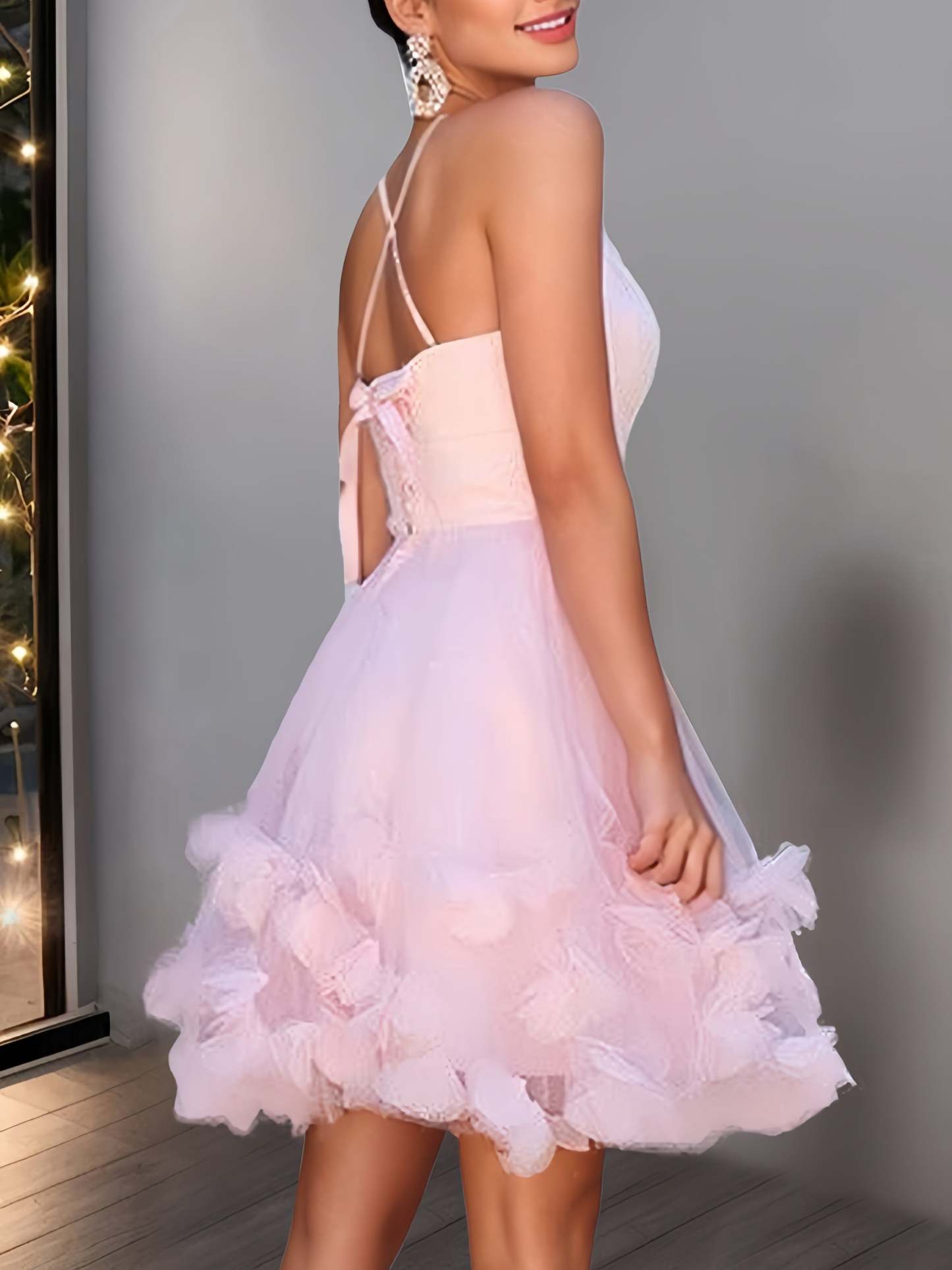 Princess A-Line Spaghetti Strap V-Neck Mini Party Dress with Handmade Flowers