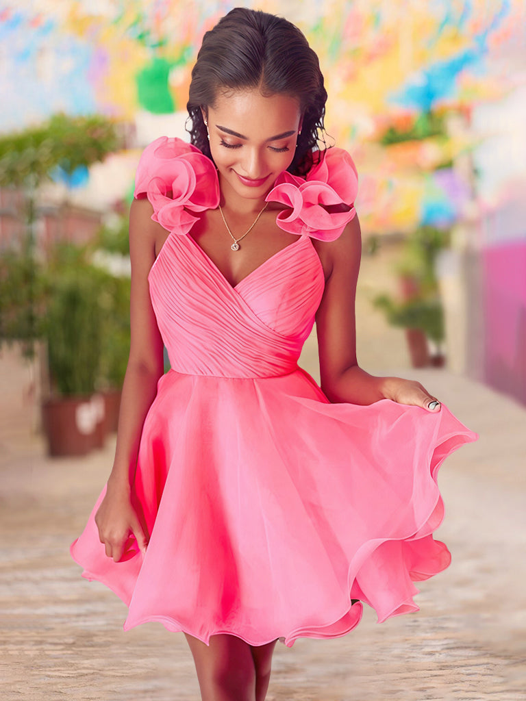 Sleeveless V-neck Mini A-Line Cocktail Dress with Ruffled Trim and Pleats for Homecoming or Dance