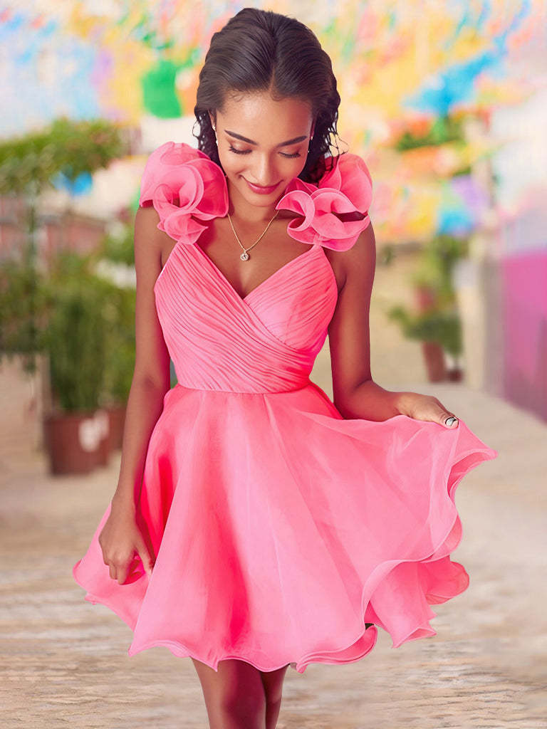 Sleeveless V-neck Mini A-Line Cocktail Dress with Ruffled Trim and Pleats for Homecoming or Dance