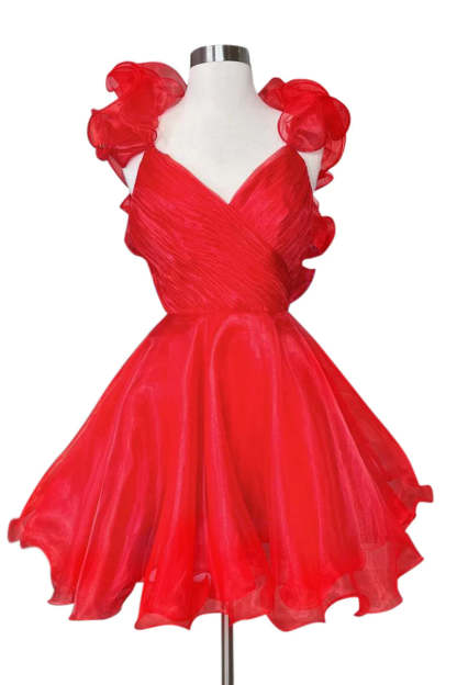 Sleeveless V-neck Mini A-Line Cocktail Dress with Ruffled Trim and Pleats for Homecoming or Dance