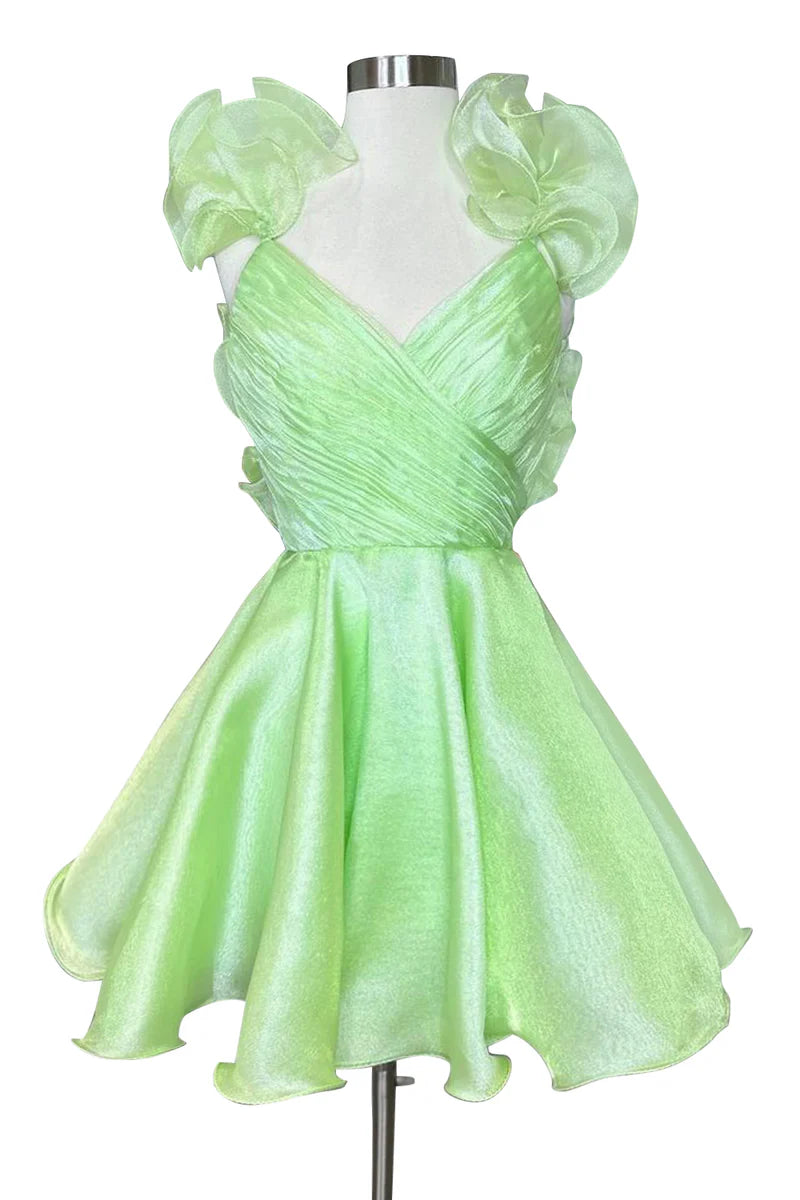 Sleeveless V-neck Mini A-Line Cocktail Dress with Ruffled Trim and Pleats for Homecoming or Dance