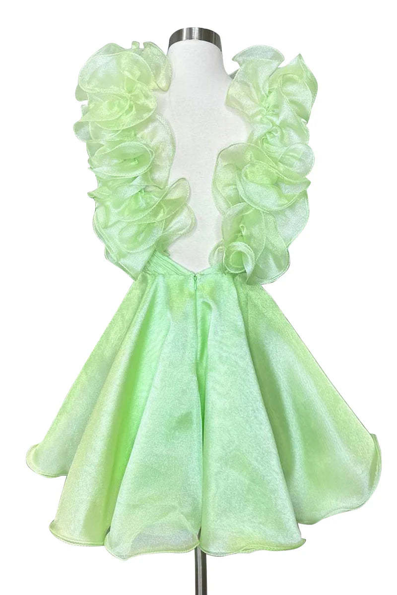 Sleeveless V-neck Mini A-Line Cocktail Dress with Ruffled Trim and Pleats for Homecoming or Dance