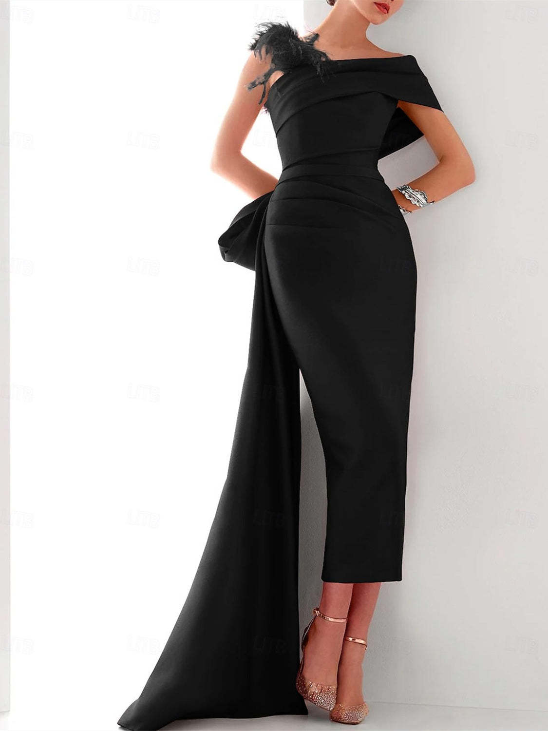 Elegant One-Shoulder Satin Evening Gown with Feather Bow(s) and Sweep Train