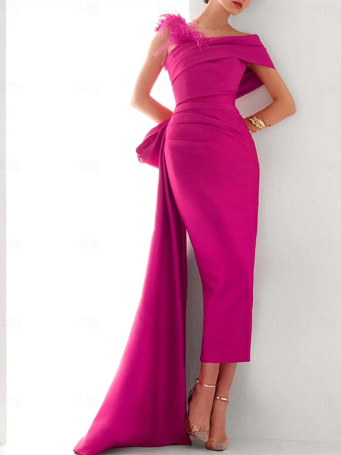 Elegant One-Shoulder Satin Evening Gown with Feather Bow(s) and Sweep Train