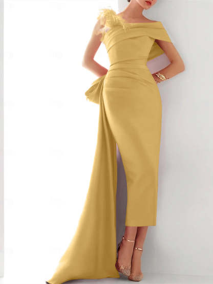 Elegant One-Shoulder Satin Evening Gown with Feather Bow(s) and Sweep Train