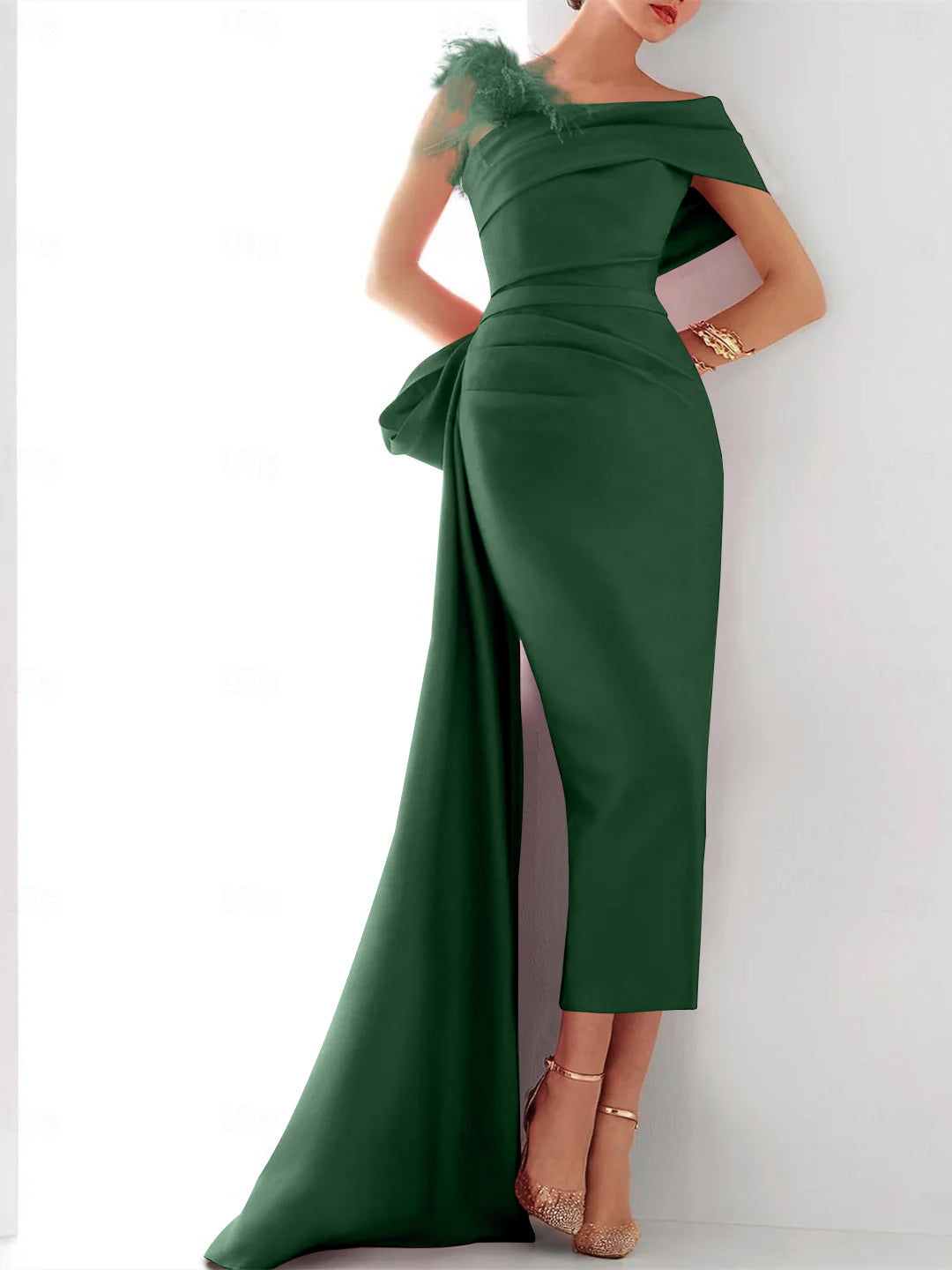 Elegant One-Shoulder Satin Evening Gown with Feather Bow(s) and Sweep Train