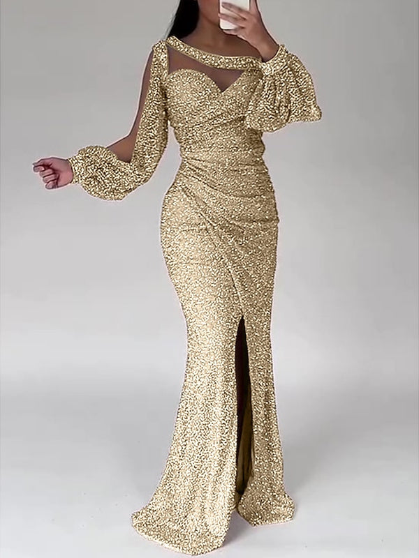 Floor-Length Mermaid Evening Dress with Scoop Neck and Ruched Slit for the Mother of the Bride