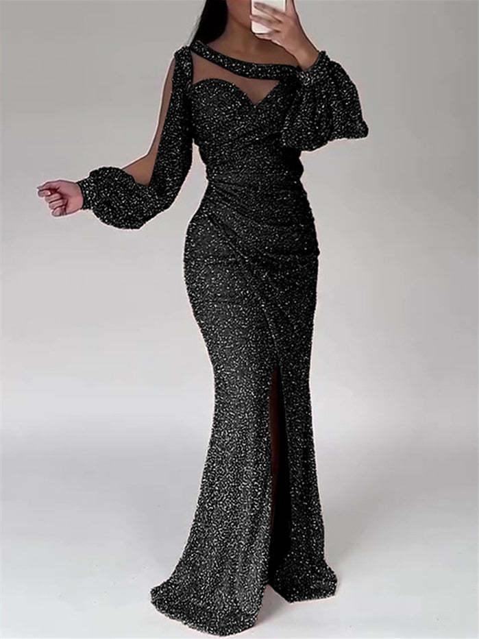 Floor-Length Mermaid Evening Dress with Scoop Neck and Ruched Slit for the Mother of the Bride