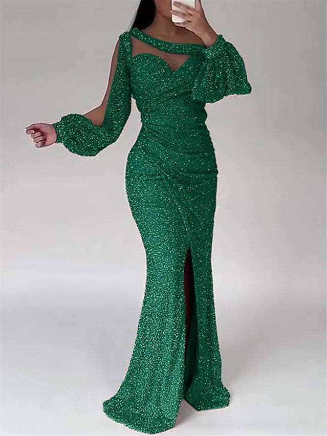 Floor-Length Mermaid Evening Dress with Scoop Neck and Ruched Slit for the Mother of the Bride