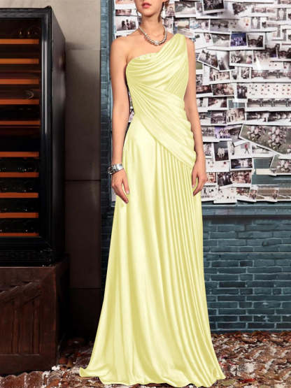 One Shoulder Sleeveless Floor Length Mother of the Bride Dress with Crystal Pleats and Draping