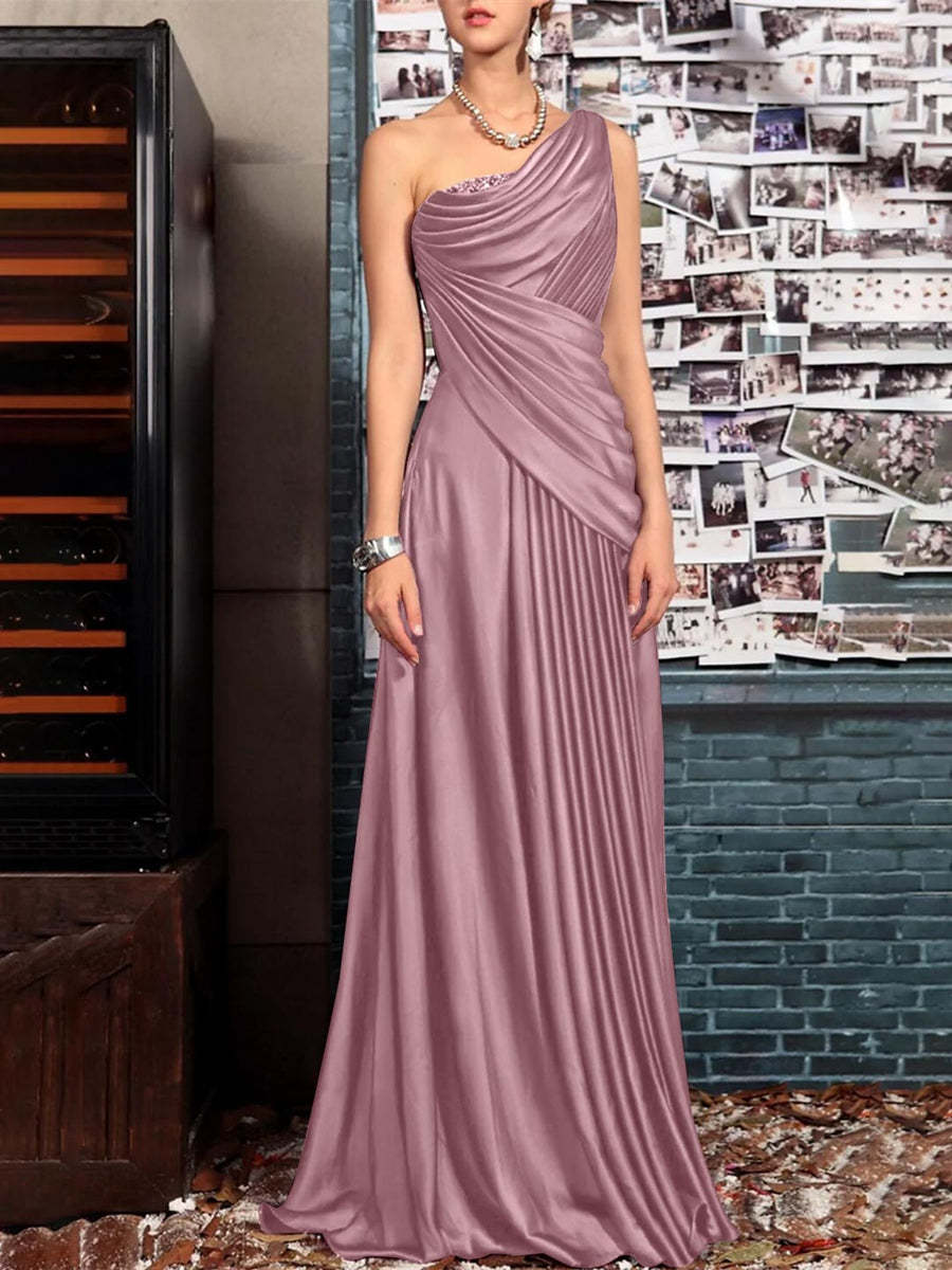 One Shoulder Sleeveless Floor Length Mother of the Bride Dress with Crystal Pleats and Draping