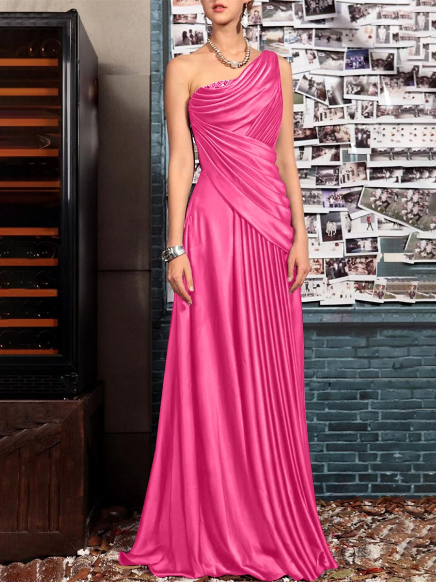 One Shoulder Sleeveless Floor Length Mother of the Bride Dress with Crystal Pleats and Draping