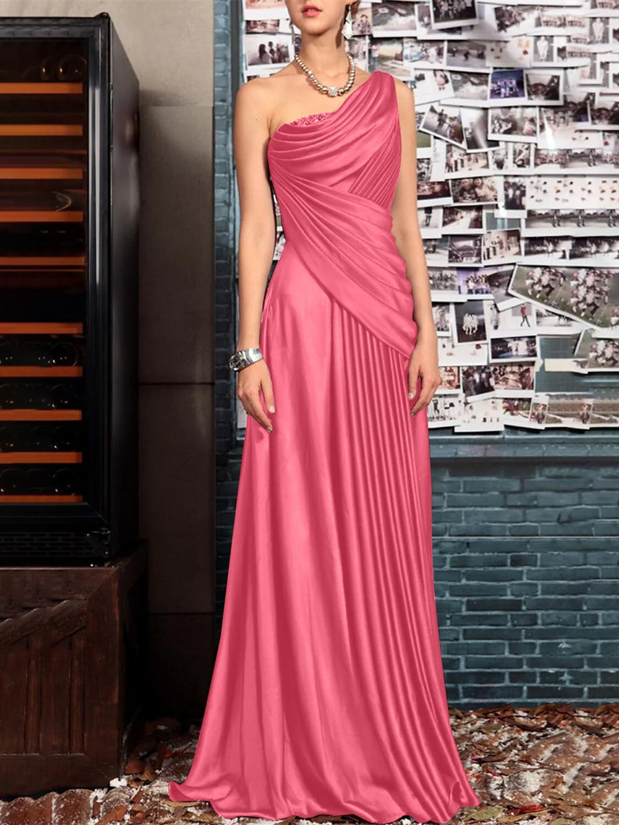 One Shoulder Sleeveless Floor Length Mother of the Bride Dress with Crystal Pleats and Draping