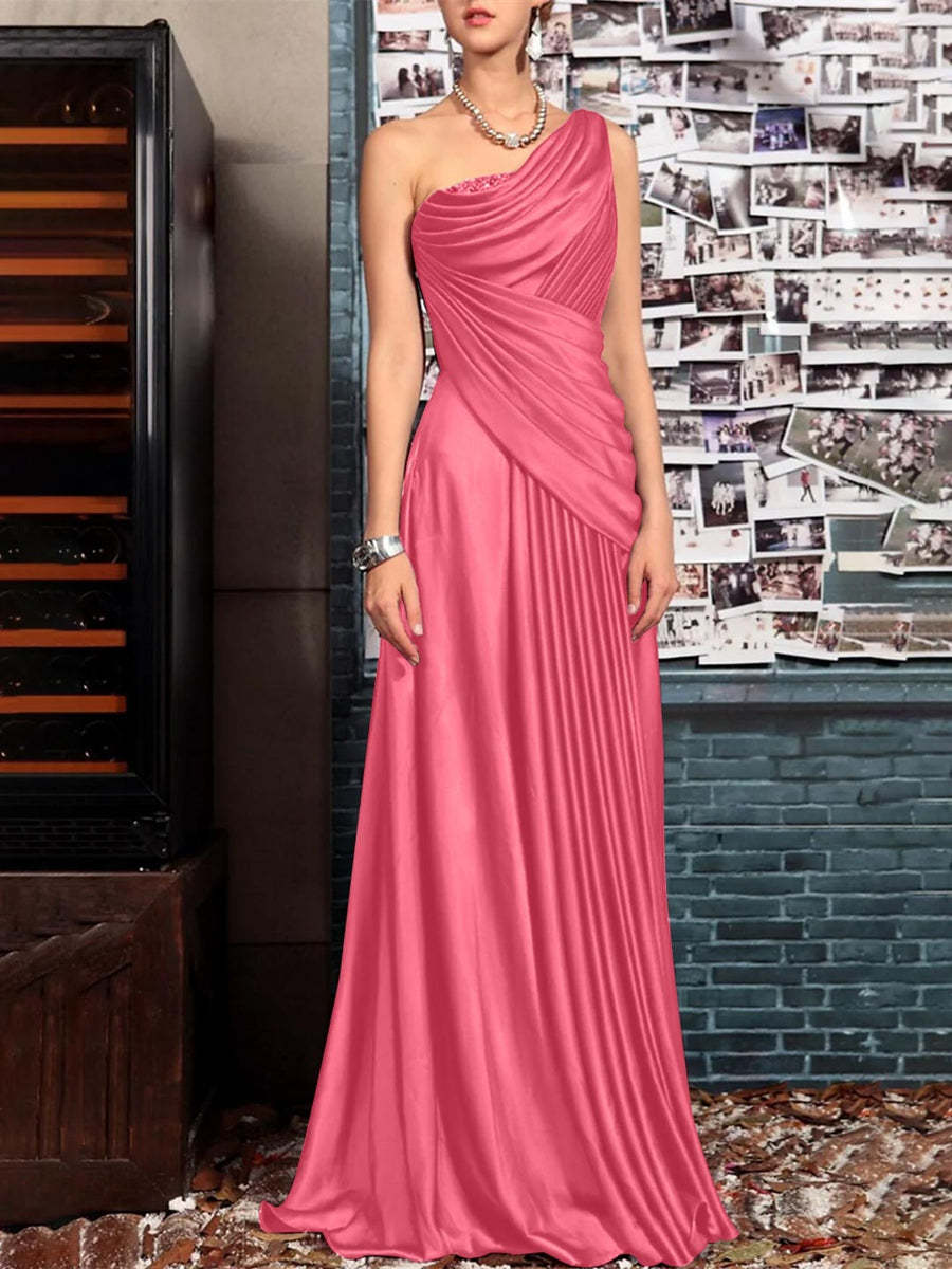 One Shoulder Sleeveless Floor Length Mother of the Bride Dress with Crystal Pleats and Draping
