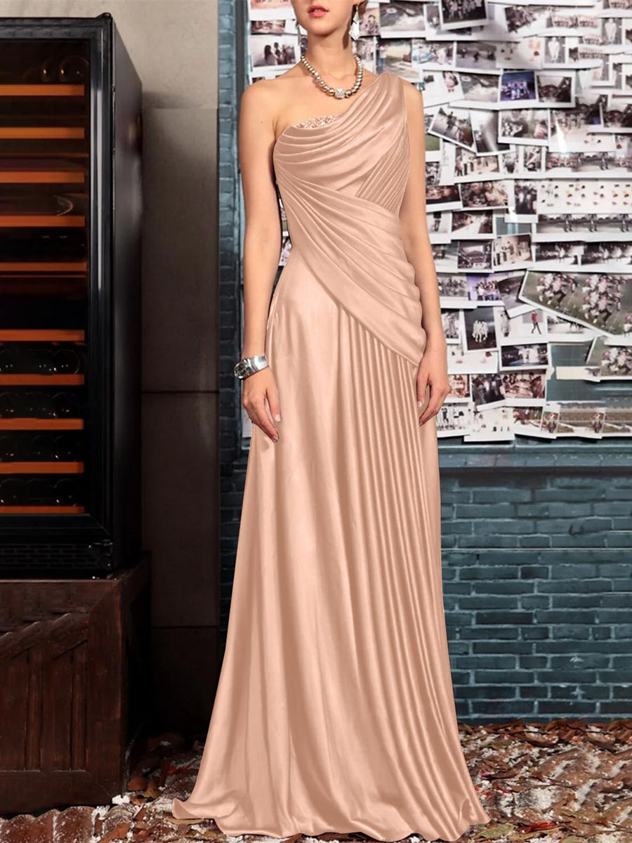 One Shoulder Sleeveless Floor Length Mother of the Bride Dress with Crystal Pleats and Draping