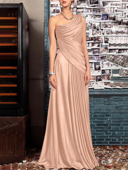 One Shoulder Sleeveless Floor Length Mother of the Bride Dress with Crystal Pleats and Draping