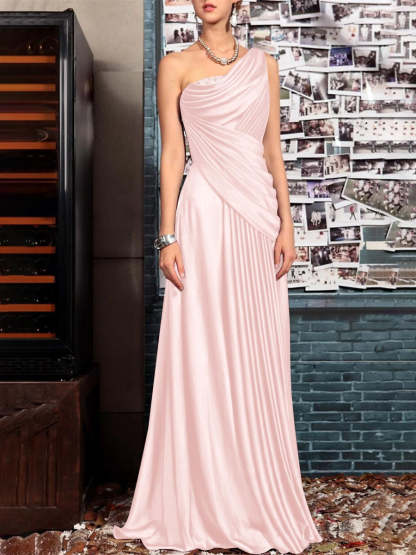 One Shoulder Sleeveless Floor Length Mother of the Bride Dress with Crystal Pleats and Draping