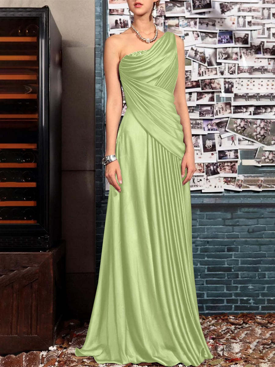 One Shoulder Sleeveless Floor Length Mother of the Bride Dress with Crystal Pleats and Draping