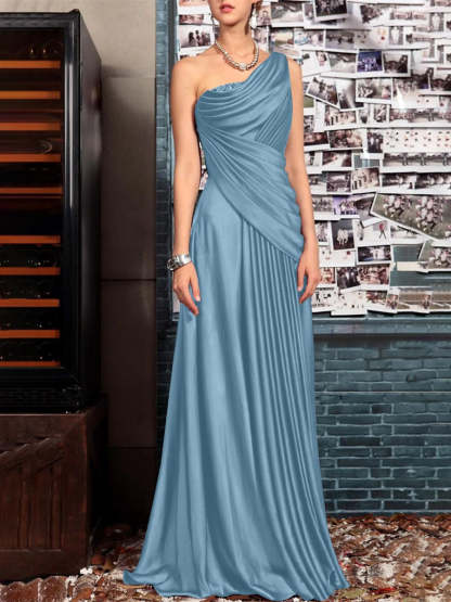 One Shoulder Sleeveless Floor Length Mother of the Bride Dress with Crystal Pleats and Draping
