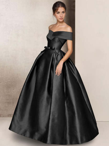 Short Sleeve Strapless Satin A-Line Floor-Length Mother of the Bride Dress with Bow(s)