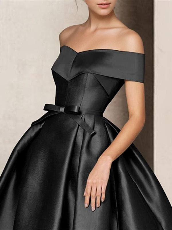 Short Sleeve Strapless Satin A-Line Floor-Length Mother of the Bride Dress with Bow(s)