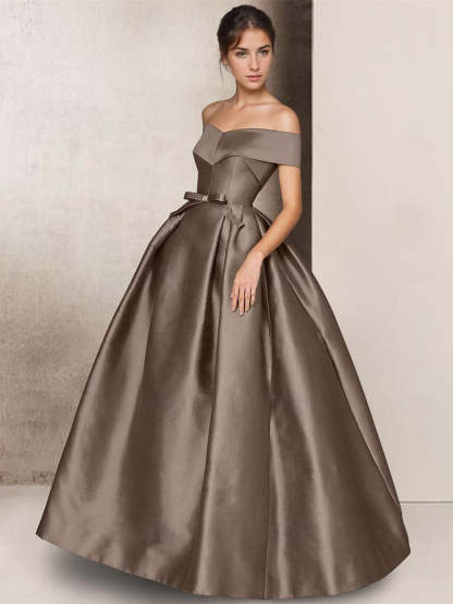 Short Sleeve Strapless Satin A-Line Floor-Length Mother of the Bride Dress with Bow(s)