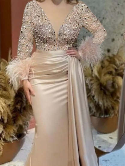 Trumpet/Mermaid V-Neck Satin Mother of the Bride Dress with Feather Glitter and Ruched Long Sleeves