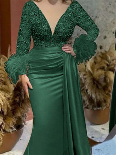 Trumpet/Mermaid V-Neck Satin Mother of the Bride Dress with Feather Glitter and Ruched Long Sleeves
