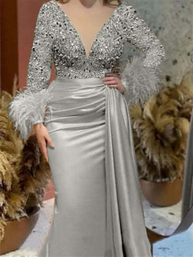 Trumpet/Mermaid V-Neck Satin Mother of the Bride Dress with Feather Glitter and Ruched Long Sleeves