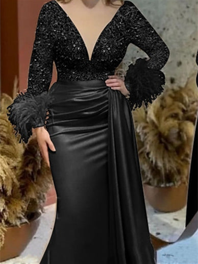 Trumpet/Mermaid V-Neck Satin Mother of the Bride Dress with Feather Glitter and Ruched Long Sleeves