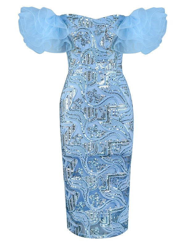 Off-the-Shoulder Sleeveless Tea-Length Cocktail Dress with Sequins for Party or Homecoming