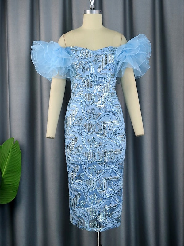 Off-the-Shoulder Sleeveless Tea-Length Cocktail Dress with Sequins for Party or Homecoming