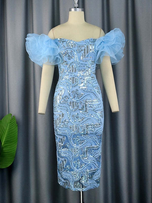 Off-the-Shoulder Sleeveless Tea-Length Cocktail Dress with Sequins for Party or Homecoming
