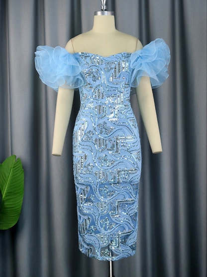 Off-the-Shoulder Sleeveless Tea-Length Cocktail Dress with Sequins for Party or Homecoming