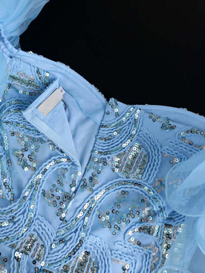 Off-the-Shoulder Sleeveless Tea-Length Cocktail Dress with Sequins for Party or Homecoming