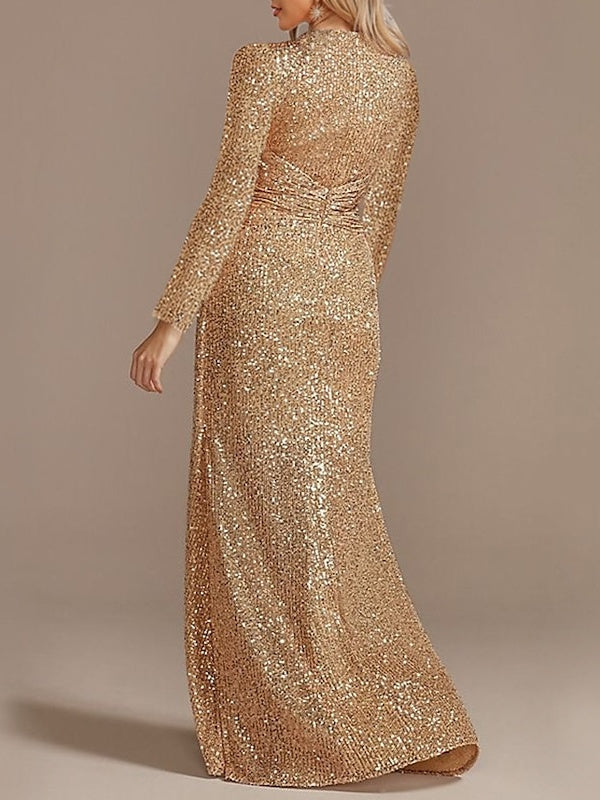 Sequined Floor-Length Party Dress with V-Neck and Long Sleeves
