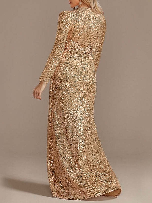 Sequined Floor-Length Party Dress with V-Neck and Long Sleeves