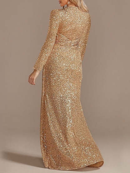Sequined Floor-Length Party Dress with V-Neck and Long Sleeves