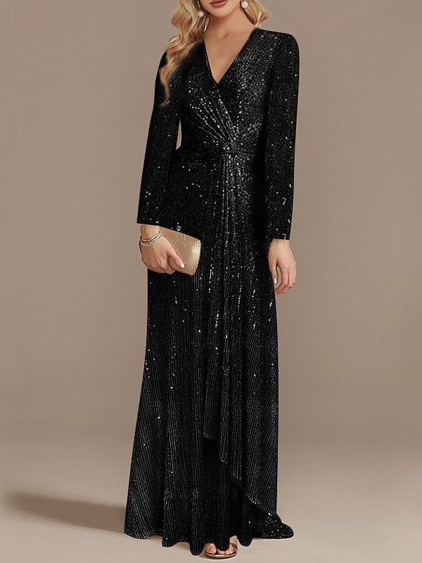 Sequined Floor-Length Party Dress with V-Neck and Long Sleeves