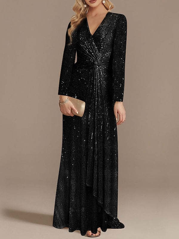 Sequined Floor-Length Party Dress with V-Neck and Long Sleeves